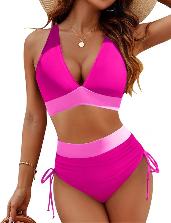 Blooming Jelly Women High Waisted Bikini Sets Tummy Control Swimsuits Color Block Two Piece Drawstring Bathing Suit - Image 28