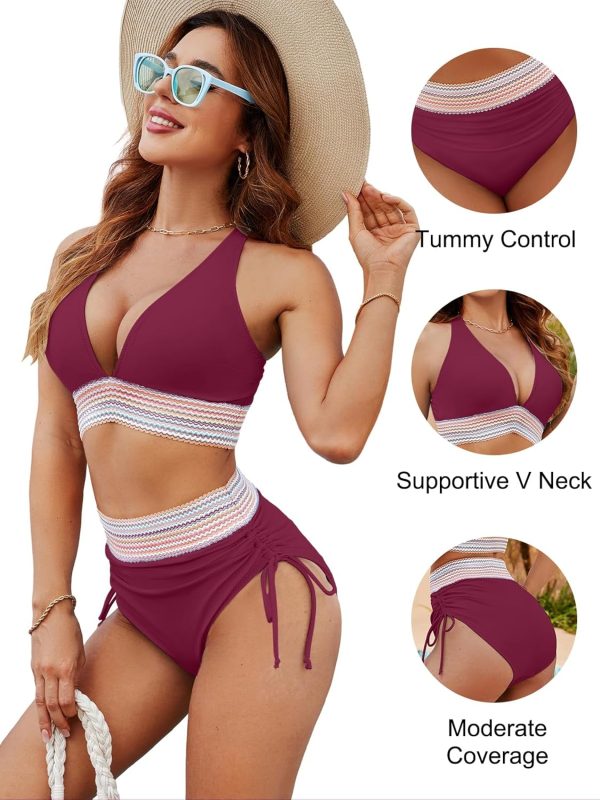 Blooming Jelly Women High Waisted Bikini Sets Tummy Control Swimsuits Color Block Two Piece Drawstring Bathing Suit - Image 126