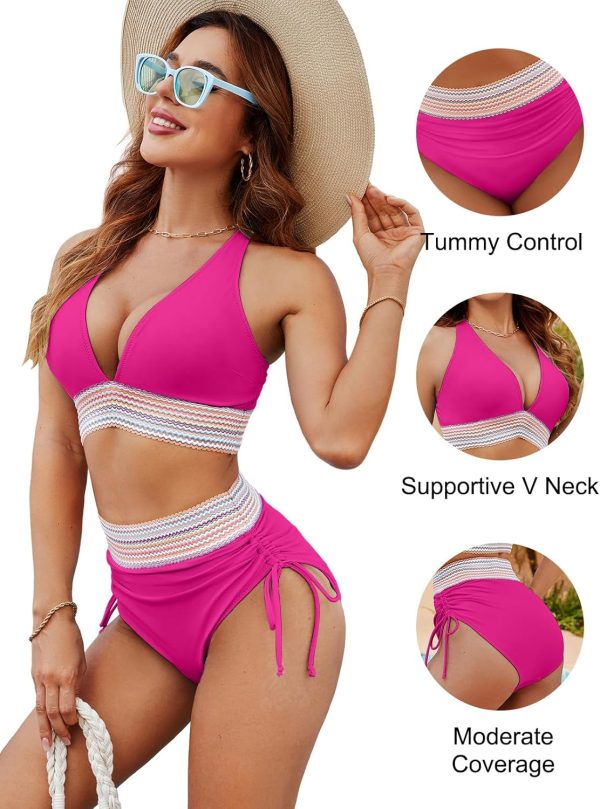 Blooming Jelly Women High Waisted Bikini Sets Tummy Control Swimsuits Color Block Two Piece Drawstring Bathing Suit - Image 136