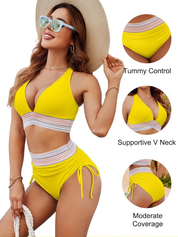 Blooming Jelly Women High Waisted Bikini Sets Tummy Control Swimsuits Color Block Two Piece Drawstring Bathing Suit - Image 195