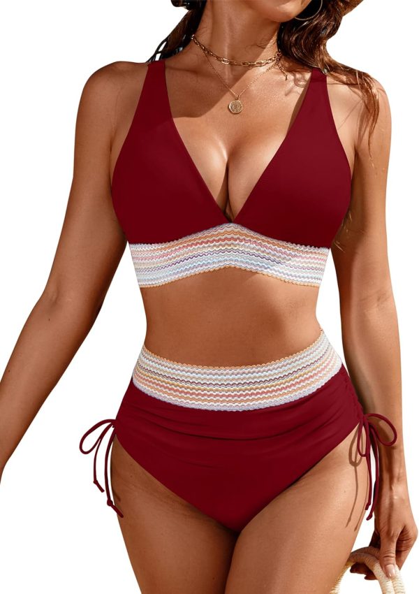 Blooming Jelly Womens High Waisted Bikini Sets Color Block Tummy Control Swimsuits Drawstring Two Piece Bathing Suit - Image 44