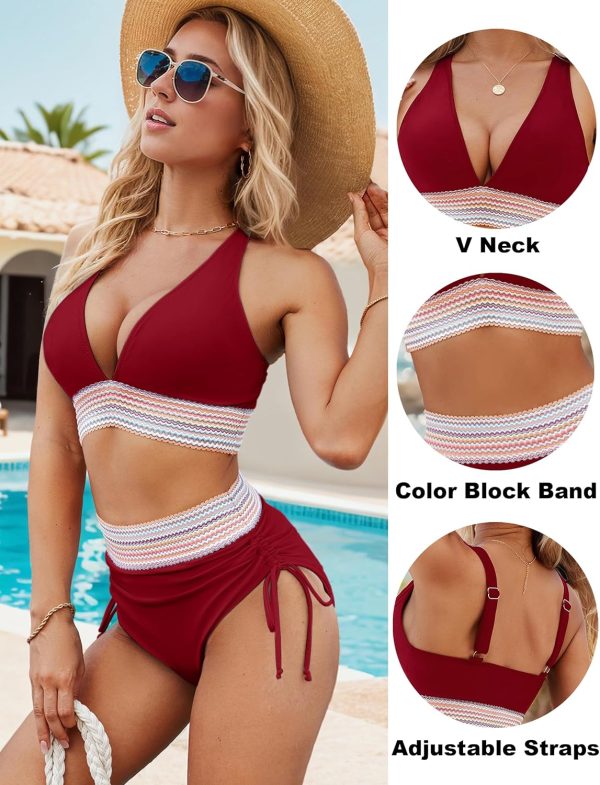Blooming Jelly Womens High Waisted Bikini Sets Color Block Tummy Control Swimsuits Drawstring Two Piece Bathing Suit - Image 47
