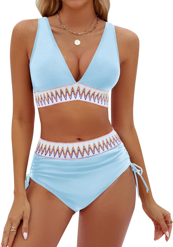 Blooming Jelly Womens High Waisted Bikini Sets Color Block Tummy Control Swimsuits Drawstring Two Piece Bathing Suit - Image 49