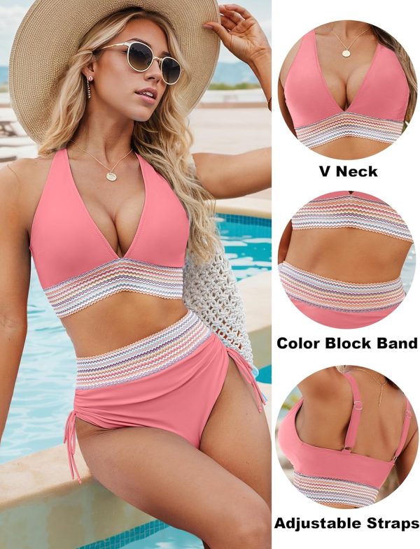 Blooming Jelly Womens High Waisted Bikini Sets Color Block Tummy Control Swimsuits Drawstring Two Piece Bathing Suit - Image 57