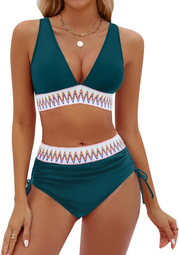 Blooming Jelly Womens High Waisted Bikini Sets Color Block Tummy Control Swimsuits Drawstring Two Piece Bathing Suit - Image 64