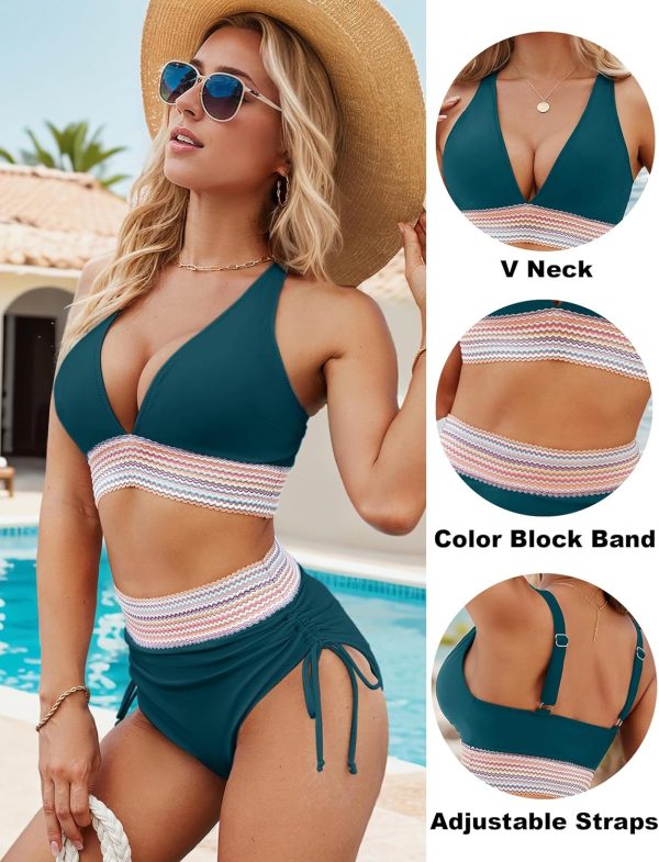 Blooming Jelly Womens High Waisted Bikini Sets Color Block Tummy Control Swimsuits Drawstring Two Piece Bathing Suit - Image 72