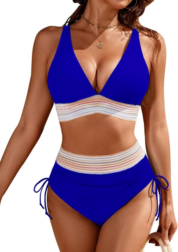 Blooming Jelly Womens High Waisted Bikini Sets Color Block Tummy Control Swimsuits Drawstring Two Piece Bathing Suit - Image 74