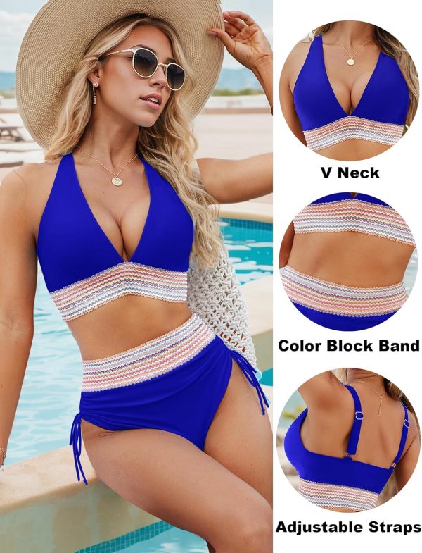 Blooming Jelly Womens High Waisted Bikini Sets Color Block Tummy Control Swimsuits Drawstring Two Piece Bathing Suit - Image 77