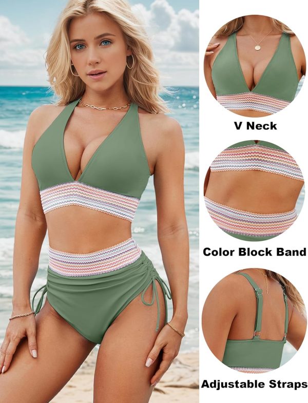 Blooming Jelly Womens High Waisted Bikini Sets Color Block Tummy Control Swimsuits Drawstring Two Piece Bathing Suit - Image 82